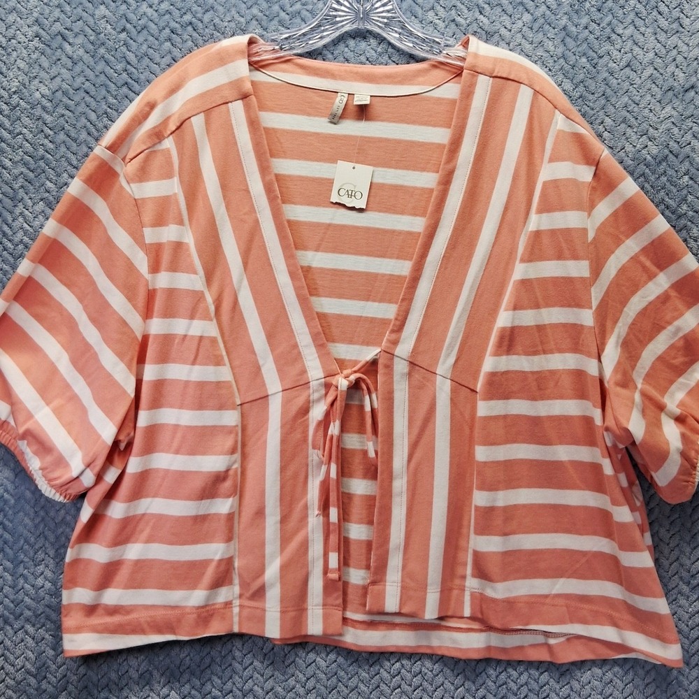 NWT Cato Plus Size 26/28W Peach Bud Striped Tie-Front Puff Sleeve Top Coastal